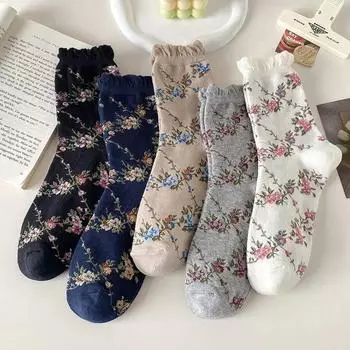 Новые осенние и зимние женские носки с цветочным принтом, винтажные носки средней длины, японская мода, носки в стиле Харадзюку в стиле ретро для милых девушек с оборками