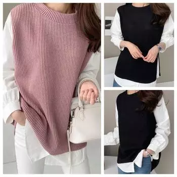Новые осенние комбинированные цветные длинные рукава с круглым воротником False Two женские свободные обтягивающие футболки-топы One Size розовый