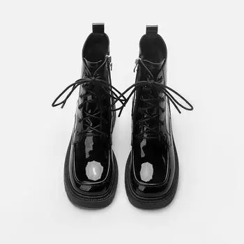 Новые осенние короткие ботинки на толстой подошве и толстом каблуке черного цвета в британском стиле со шнуровкой и квадратным носком для невысоких женщин 35