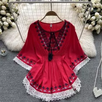 Новые осенние кружевные топы с принтом и дизайнерским принтом в стиле ретро, тонкие ленивые свободные шикарные топы средней длины