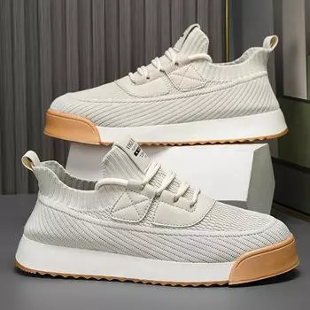 Новые осенние летающие тканые мужские туфли модные дышащие рабочие туфли удобные повседневные спортивные износостойкие мужские кроссовки 39 бежевый
