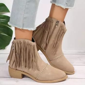 Новые осенние массивные одинарные ботинки женские остроносые замшевые с бахромой и боковой молнией удобные ботильоны на среднем каблуке 36 хаки