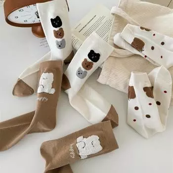 Новые осенние модные носки женские мультяшные медведи вышитые кавайные носки корейский стиль Харадзюку ретро уличная одежда средние носки трубчатые носки