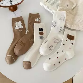 Новые осенние модные носки женские мультяшные медведи вышитые кавайные носки корейский стиль Харадзюку ретро уличная одежда средние носки трубчатые носки