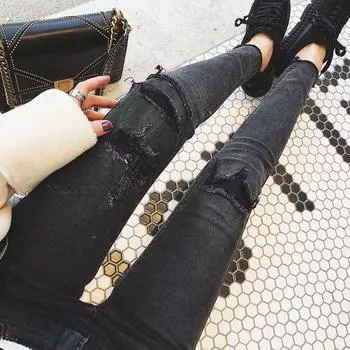 Новые осенние потертые джинсы, женские эластичные брюки-карандаш с большой высокой талией S чёрный