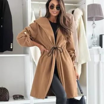 Новые осенние повседневные шерстяные пальто с длинным рукавом, женские зимние верхние одежды, куртка больших размеров, женские модные однотонные теплые свободные куртки на шнурке, пальто 24996 S чёрный