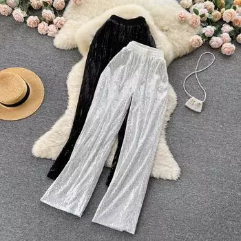 Новые осенние повседневные свободные тонкие широкие брюки с драпировкой на эластичной талии и блестками в Европе и США S чёрный