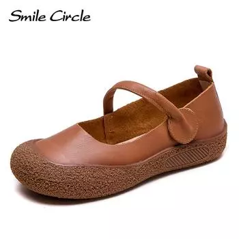 Новые осенние повседневные удобные туфли на плоской подошве с застежкой-липучкой, универсальная обувь для мам, кожаная женская обувь 35 дубильная кора