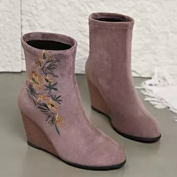 Новые осенние сапоги с покатым каблуком, женские замшевые сапоги с круглым носком и вышитыми рукавами, удобные узкие сапоги средней длины 35 чёрный