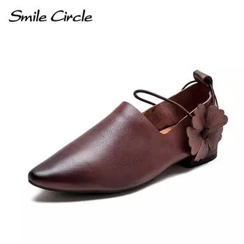 Новые осенние сезонные одинарные туфли в стиле ретро с острым носком и цветами, удобная женская обувь из воловьей кожи с мягкой поверхностью 35 коричневый