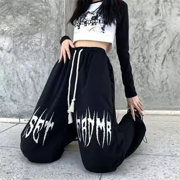Новые осенние спортивные брюки с высокой талией и широкими штанинами с принтом для женщин M чёрный