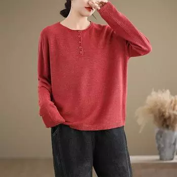 Новые осенние свитера, пуловеры, женские, базовые, с круглым вырезом, кардиганы, вязаные, свободные, однотонные, топы One Size красный