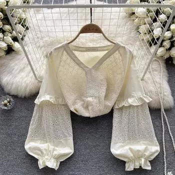 Новые осенние свободные тонкие женские французские топы с v-образным вырезом и деревянным краем, рукавами-фонариками