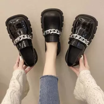 Новые осенние туфли на платформе в британском стиле из кожи, женские туфли с металлической цепочкой и толстым каблуком, толстая подошва, женские туфли-лоферы 34