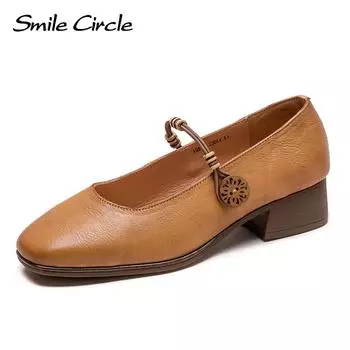 Новые осенние универсальные туфли в стиле литературного стиля на маленьком каблуке с квадратной головкой, женская обувь Mori System для пригородных поездок 35 коричневый