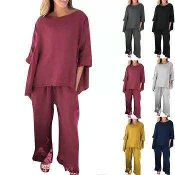 Новые осенние женские однотонные свободные повседневные брюки из хлопка и льна, костюм из двух предметов L чёрный