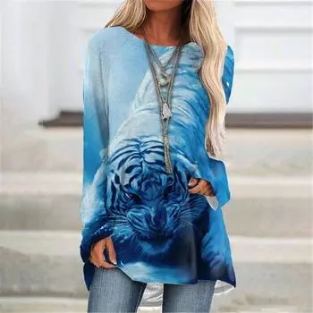 Новые осенние женские повседневные свитера с длинным рукавом и принтом тигра с круглым вырезом и 3D-принтом, женские модные топы, футболки, женские футболки, одежда S
