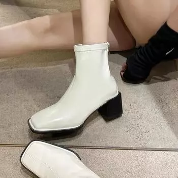 Новые осенние женские сапоги из тонкой эластичной кожи с квадратным носком и молнией сзади, короткие сапоги в британском стиле для женщин 35