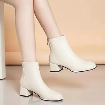 Новые осенние женские сапоги из тонкой эластичной кожи с квадратным носком и молнией сзади, короткие сапоги в британском стиле для женщин 35