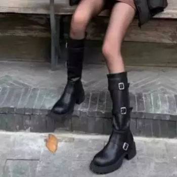 Новые осенние женские сапоги с пряжкой на ремне, высокие туфли на толстом каблуке для женщин, женские сапоги для верховой езды, высокие сапоги для верховой езды Zapatos 36