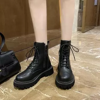 Новые осенние женские сапоги средний каблук толстый каблук ботинки Martin женские универсальные со шнуровкой спереди короткие сапоги локомотив женская обувь 35 чёрный