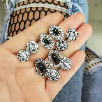 Новые ослепительные серьги, 5 пар ювелирных изделий, посеребренные серьги с черным камнем и кристаллами в стиле бохо, серьги-гвоздики