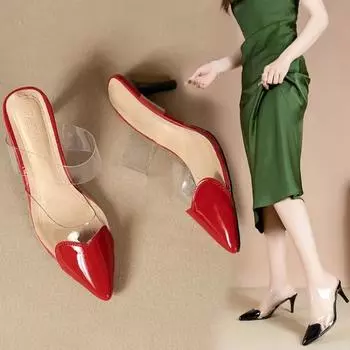 Новые остроносые прозрачные сексуальные летние тапочки для женщин 2024 года, модные тонкие каблуки, универсальная модная обувь для женщин 35 чёрный