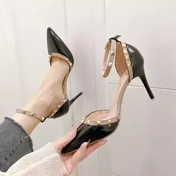 Новые остроносые туфли-стилеты на высоком каблуке с заклепками, сексуальные женские босоножки на высоком каблуке, женская обувь, высокие каблуки, Chaussure Femme 35 чёрный