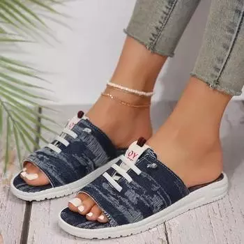 Новые парусиновые тапочки для женщин, летние дышащие сандалии с открытым носком, женские джинсовые удобные туфли на плоской подошве, Zapatos Mujer, размер 43 36 чёрный