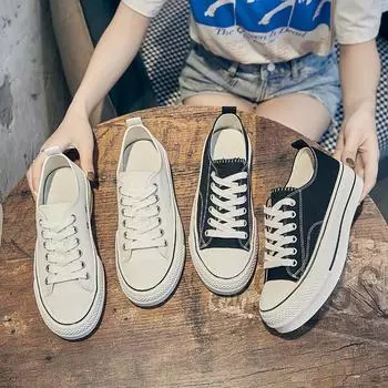 Новые парусиновые туфли на толстой подошве, корейская версия маленьких белых туфель, студенческая повседневная обувь на шнуровке, модная женская обувь 34 белый