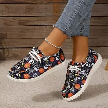 Новые парусиновые туфли с принтом на плоской подошве, удобный круглый носок, модные и повседневные туфли для женщин. 36 синий