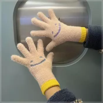 Новые перчатки с изображением улыбающегося лица, связанные вручную, для женщин зимой, теплые и морозостойкие, плюс бархат, милые, с закрытыми пальцами, для студентов-велосипедистов