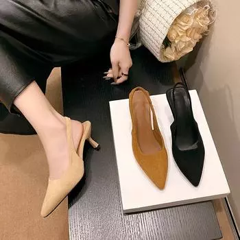 Новые пикантные туфли на среднем каблуке с острым носком, женские сандалии, дизайнерские летние брендовые туфли-лодочки, повседневная обувь с открытой пяткой, модельная рабочая обувь 37 чёрный
