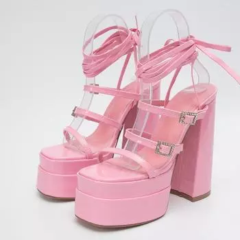 Новые пикантные женские розовые сандалии на массивном каблуке с ремешками, модные свадебные туфли для стриптиза с открытым носком и кристаллами 35 розовый