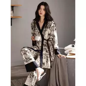 Новые пижамные комплекты, женская хлопковая ночная рубашка-кимоно с длинными рукавами, комплект из трех предметов M