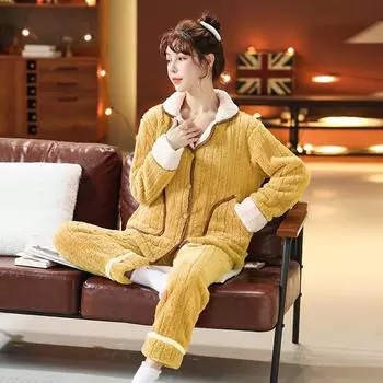 Новые пижамные комплекты женские зимние толстые теплые коралловые бархатные пижамы сладкий комплект из 2 предметов свободная одежда для сна домашняя одежда женская M