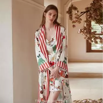 Новые пижамы для женщин, осенняя пижама Ice Silk с длинными рукавами, весенние и осенние тонкие халаты с принтом S