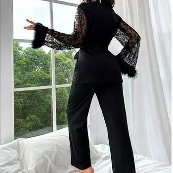 Новые пижамы с V-образным вырезом из кружева, ночные рубашки, пушистые рукава, комплект домашней одежды S чёрный