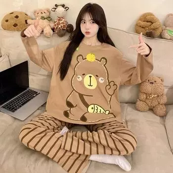 Новые пижамы женские весенние и осенние пижамы домашний костюм тонкий срез молодых девушек студентов повседневные пижамы домашний костюм M