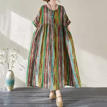 Новые платья из хлопка в винтажную полоску с короткими рукавами больших размеров для женщин, повседневные свободные длинные летние платья зелёный