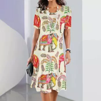 Новые платья с принтом слона для женщин, элегантные платья миди, летнее женское платье с коротким рукавом, модная одежда больших размеров S