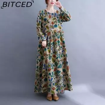 Новые платья с принтом, женские большие размеры, с длинным рукавом и круглым вырезом, уменьшающие возраст, длинная юбка трапециевидной формы M зелёный