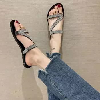 Новые плоские шлепанцы, Z-образные шлепанцы со стразами, повседневная пляжная обувь с носком, шлепанцы 36