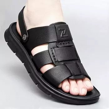 Новые пляжные сандалии для отдыха, мужские сандалии для вождения, натуральная кожа, летние рабочие, дышащие, нескользящие, удобные сандалии двойного назначения 38 чёрный