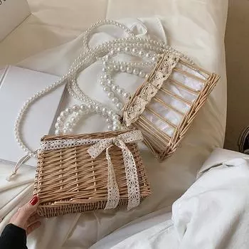 Новые пляжные сумки на плечо с бантом, модная женская пляжная тканая кружевная корзина с жемчугом на шнурке, сумки на плечо