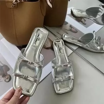 Новые пляжные туфли с открытым носком, модные тапочки с двойным бантом, женские тапочки на плоской подошве, женские сандалии, большой размер 43, Zapatos 35