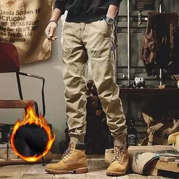 Новые плюшевые и утолщенные мужские брюки-карго, повседневные спортивные свободные брюки на молнии для мотоциклистов M хаки