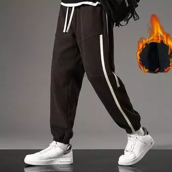 Новые плюшевые мужские зимние утолщенные модные повседневные спортивные брюки в стиле ретро M серый
