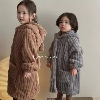 Новые плюшевые пижамы для девочек и мальчиков с рисунком для детей, домашний ночной халат с капюшоном, флисовый мягкий зимний детский халат с рисунком, детская одежда для сна 90cm серый