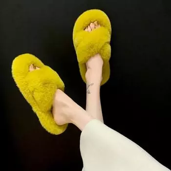 Новые плюшевые тапочки женские уличные плюшевые тапочки с кроличьей шерстью милые плюшевые хлопковые тапочки обувь для женщин 2024 слайдеры женские 35 жёлтый